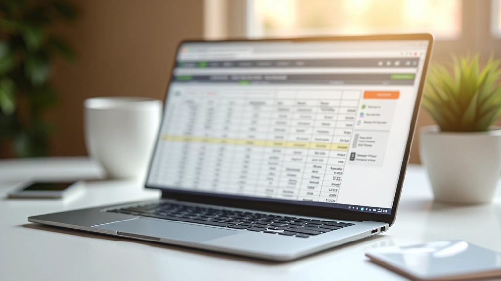 Ordinateur portable ouvert affichant une feuille de calcul de suivi des abonnements avec colonnes et données, souris sans fil, environnement de bureau minimaliste, lumière naturelle