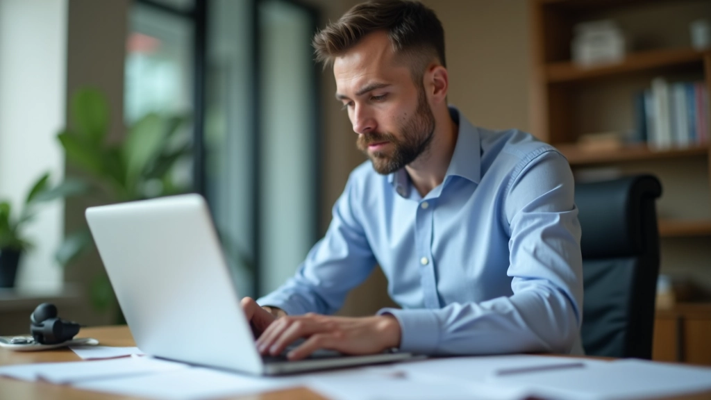 Homme concentré à son ordinateur de bureau, analysant des rapports de dépenses mensuelles et des factures de services