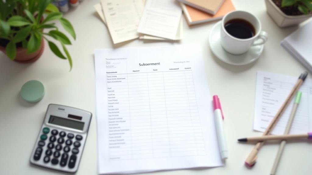 Écran d'ordinateur affichant un tableau de gestion budgétaire avec des graphiques de dépenses mensuelles, stylo à proximité, café, bureau minimaliste, éclairage blanc