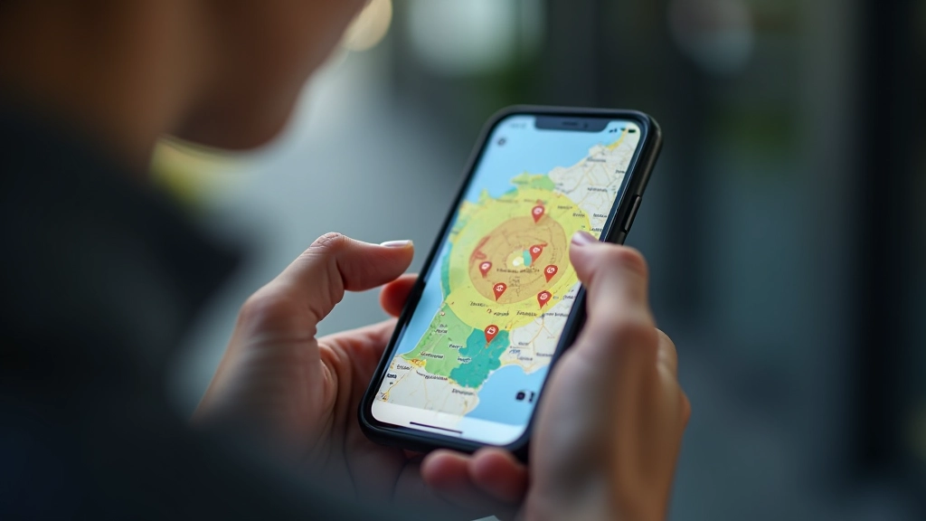 Carte de couverture réseau affichée sur un téléphone, avec zones colorées montrant 4G, 3G et zones blanches, position géographique marquée