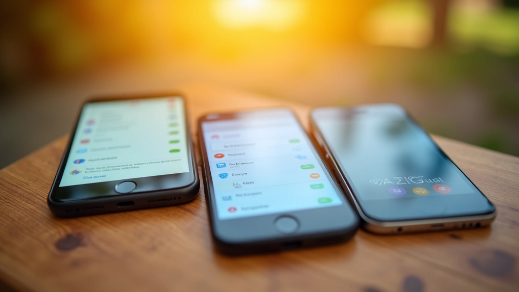 Trois téléphones mobiles affichant différentes interfaces d'applications d'abonnement, écrans lumineux, arrière-plan flou