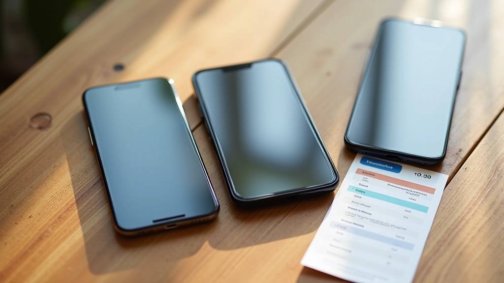 Trois téléphones mobiles affichant des offres tarifaires différentes côte à côte sur une table en bois, cartes de comparaison à proximité, lumière naturelle