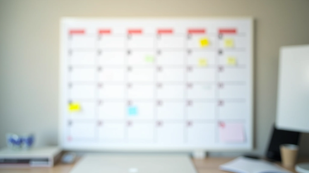 Calendrier mural avec dates d'engagement marquées en rouge, alarmes et rappels écrits en couleur, surligneurs à proximité