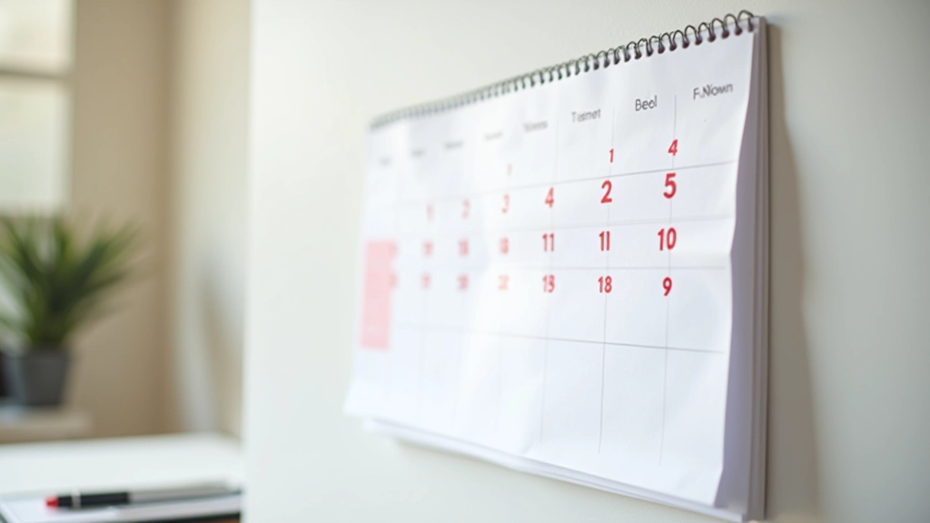 Calendrier mural avec des dates marquées en rouge pour les périodes de résiliation, stylo à proximité