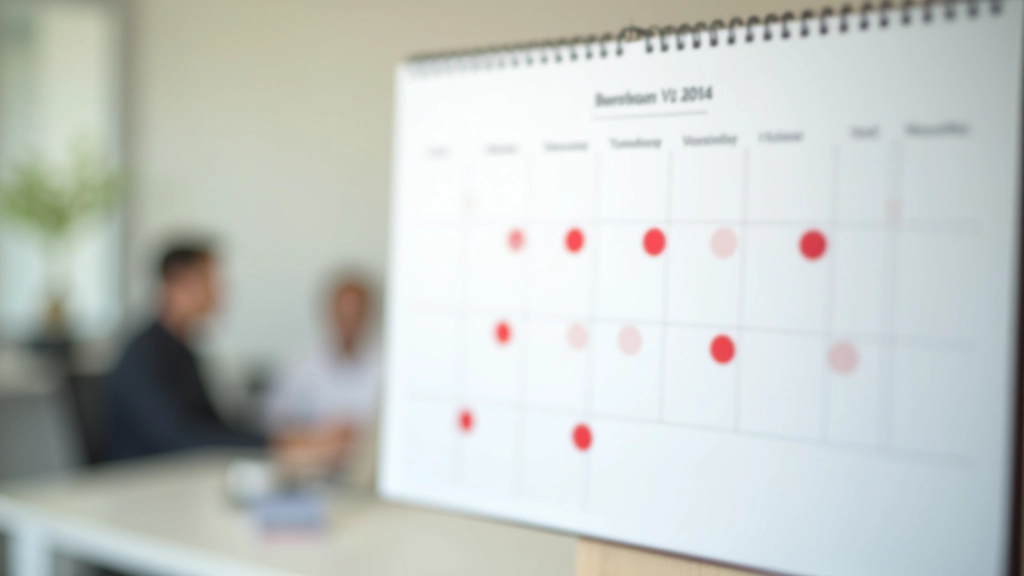 Calendrier mural avec des marqueurs rouges sur les dates clés, rappels trimestriels clairement indiqués