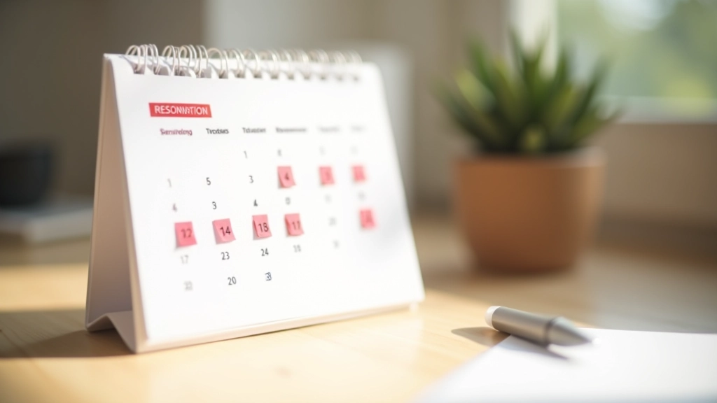 Calendrier papier avec dates de résiliation marquées en rouge, stylo à proximité, table de travail organisée