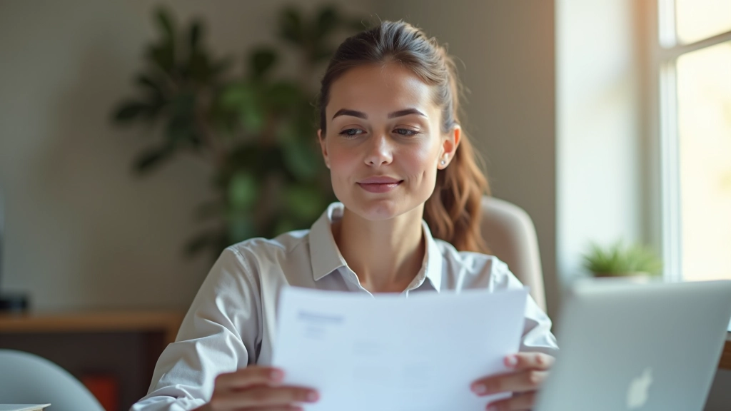 Femme analysant ses factures d'abonnement sur un ordinateur portable, documents financiers visibles, environnement professionnel lumineux