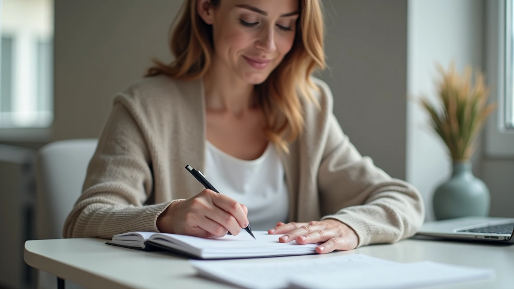 Femme tenant un stylo et écrivant sur un cahier avec une liste d'abonnements, ordinateur portable à côté, tableau blanc en arrière-plan, lumière naturelle