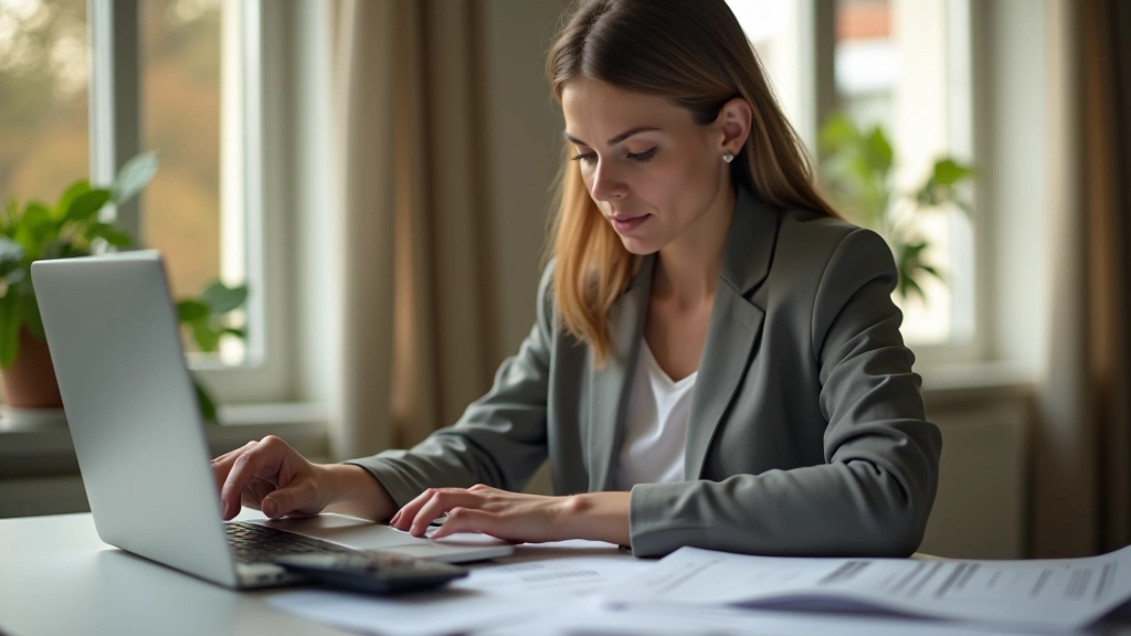 Femme assise à un bureau avec un ordinateur portable, documents financiers éparpillés, calculatrice visible, lumière naturelle du matin